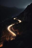 noche conducir en un curvilíneo montaña la carretera con largo exposición ligero caminos ai generado foto