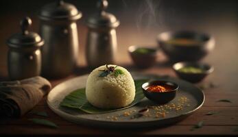 Steaming Idlis against a Dark Background A Delicious Indian Dish photo