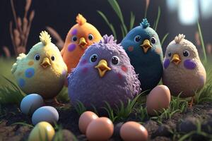 Cute Easter Chicks Nesting with Colorful Easter Eggs photo