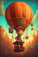 The Adventurous Boy Exploring a Magical Mystical World on a Hot Air Balloon Ride photo