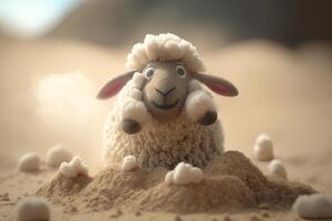 Cute Little Sheep Playing in the Sand on the Beach photo