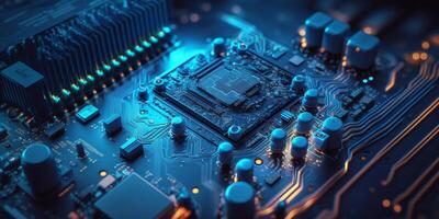 Close-up of Blue-Toned Processor on Motherboard with Bokeh Effect photo