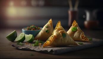 Crispy and Delicious Samosas Iconic Indian Snack on Wooden Table photo