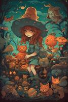 The Little Witch and the Enchanted Creatures A Magical Journey in a Comic Style Digital Painting with Vibrant Contrasting Colors photo