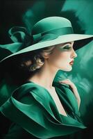 el Arte deco dama en verde un retrato de un frio rubia belleza desde el 1920 ai generado foto