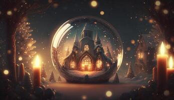 encantador Navidad escena con Nevado calles y iluminado casas ai generado foto