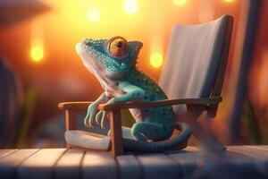 Chillaxin' Cham A Photorealistic Cartoon Chameleon Relaxing in a Beach Bar Lounger photo