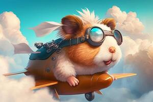 Cute funny illustration of flying guinea pig in fantasy world with clouds and blue sky photo