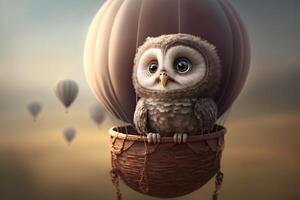 young owl sits in a basket of a hot air balloon photo