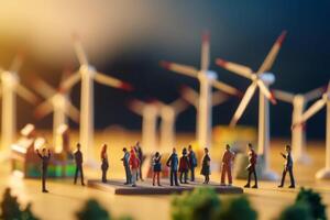 Collaborative group working on renewable energy concept with wind turbines in background photo