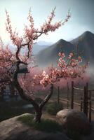 sereno chino paisaje con rosado cierne melocotón árbol ai generado foto