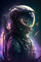 Alien in cosmonaut suit with space in the background AI generated content photo