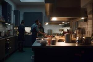 Behind the Scenes Busy Kitchen Staff Preparing Food in Restaurant or Hotel Kitchen photo