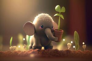 Cute little elephant gardener holding a flowerpot with his trunk photo