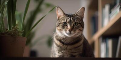 sofisticado felino un gato en un moderno Departamento rodeado por libros ai generado foto