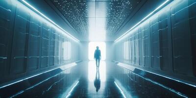 Finding the Way Out A Journey Through a Futuristic Blue Corridor photo