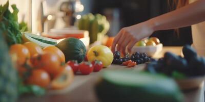 Bright Kitchen with Wooden Countertop, Abundant Fruits and Vegetables, and Blurry Chef in the Background photo