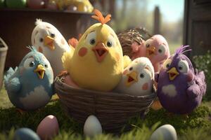 Cute Easter Chicks Nesting with Colorful Easter Eggs photo