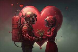 love couple in space suit in front of a heart illustration AI generated photo