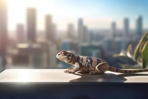 Urban Lizard gazing at Skyscrapers from Window photo