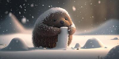 A cute mole is trying to build a snowman but looks sad and frustrated as it's not going well. photo