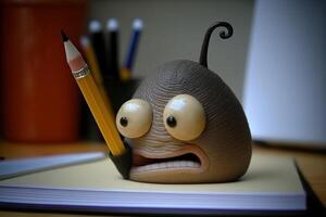 A funny workaholic snail at office work photo