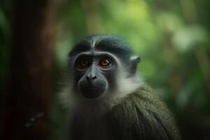 Tiny monkey exploring lush rainforest foliage photo