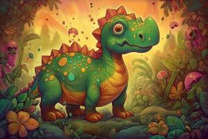 caprichoso y vistoso digital cómic Arte de iguanodon aventuras en un mundo de divertido y fiesta ai generado foto