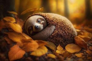 Exhausted and tired sloth lies between autumn leaves and sleeps photo