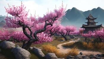 Serene Chinese landscape with pink blossoming peach tree photo