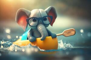 pequeño gracioso elefante teniendo divertido blanco agua canotaje en un kayac ai generado foto