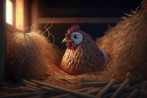 acogedor gallina en alpaca tomando el sol en calentar luz de sol en rústico granero ai generado foto