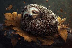 Exhausted and tired sloth lies between autumn leaves and sleeps photo