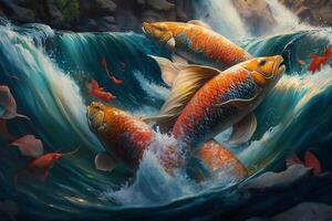 Colorful Chinese Koi Jumping in River Rapids photo