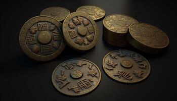 la fortuna encantos de cerca de tradicional chino suerte monedas ai generado foto