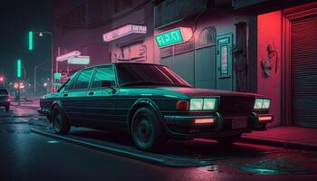 Cruising Down Memory Lane 80s Car on a Neon-Lit Street photo