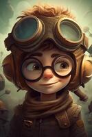 Flying High in a Magical World The Adventures of a Cute Little Boy Pilot in Comic Style Digital Painting photo