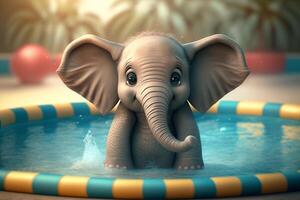 adorable pequeño elefante relajante en un piscina en un soleado día ai generado foto