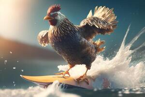 el surf pollo atrapando olas en el Oceano con estilo ai generado foto