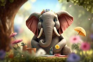 jovial elefante teniendo un picnic en un florido prado ai generado foto