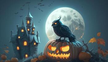 Enchanted Halloween Scene Crow Creature Perched on Glowing Pumpkin with Spooky Castle and Moon in Background photo