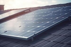 Shining Solar Power Solar Panel on House Roof with Sun Reflection photo