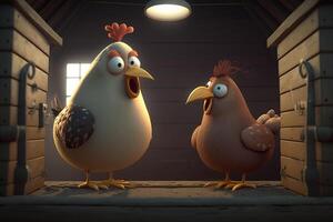 Amusing conversation between two silly-looking chickens in a coop photo