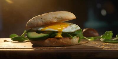 Avocado, Spinach and Fried Egg Sandwich on a Fresh Brioche Bun photo