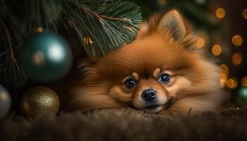 adorable pomeranio perro sentado debajo un Navidad árbol ai generado foto