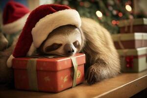 tired and exhausted sloth sleeps with santa hat between gifts at christmas photo