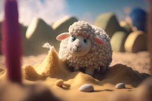 Cute Little Sheep Playing in the Sand on the Beach photo