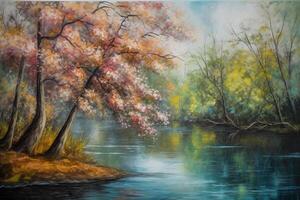 Springtime Bliss A Magnificent Painting of Pink Blossoming Trees Along a River in Full Color Splendor photo