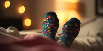 Intimate Close-up of a Woman's Socks in a Bed photo