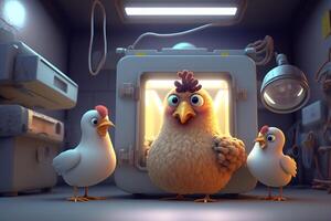 Three silly chickens standing clueless in a laboratory photo